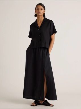 Quince 100% European Linen Maxi Skirt Black Side Slit Pockets Elastic Waist M